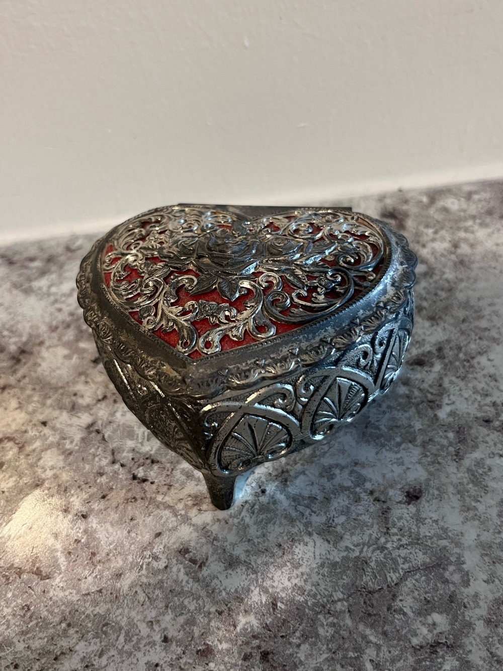Vintage Silver Tone and Red Velvet Footed Heart Floral Trinkets Box Cottagecore